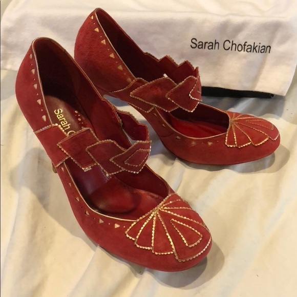 SARAH CHOFAKIAN Red Gold Mary Jane Suede Pumps EU 39 - Picture 1 of 3